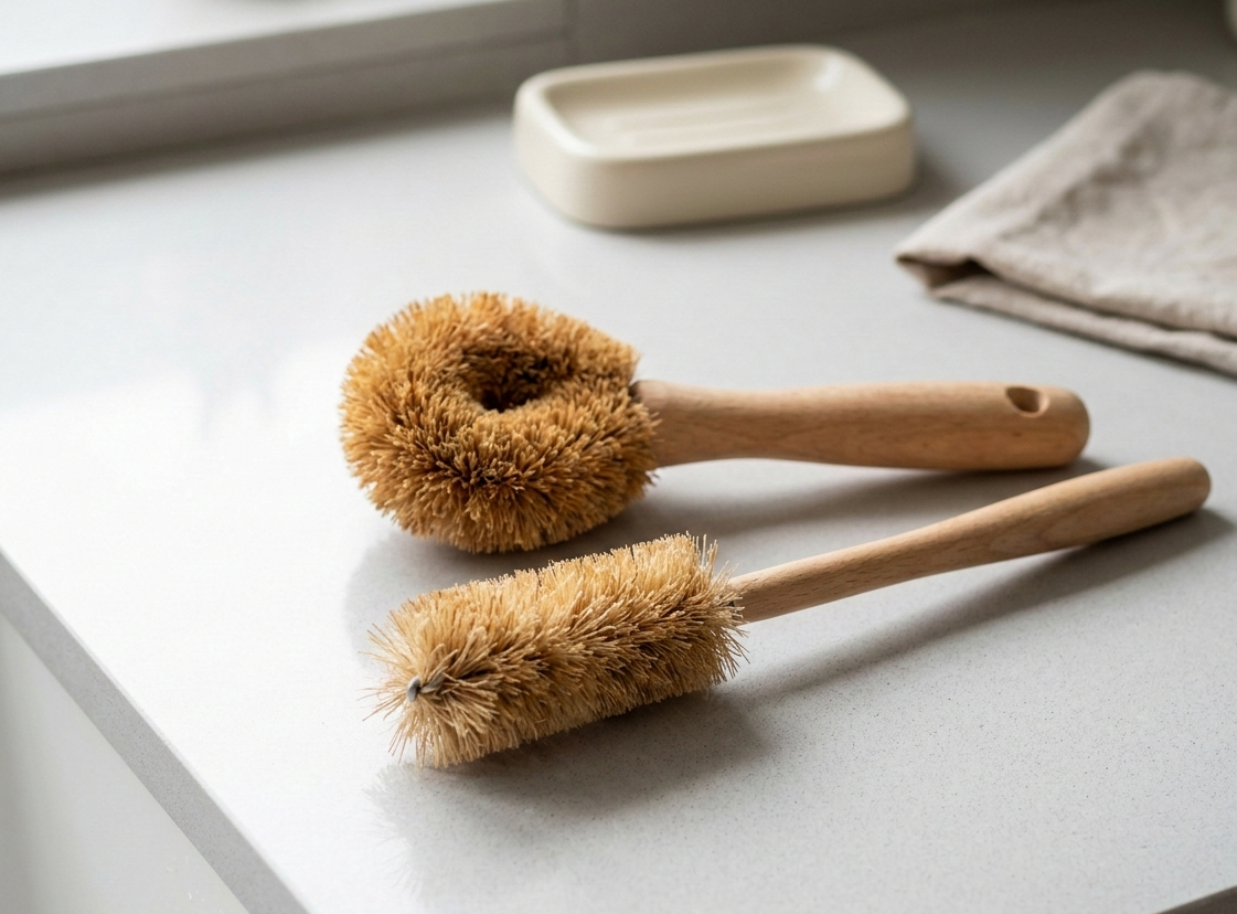 A photo of natural fibre dish and bottle cleaning brushes with wooden handles sitting on a clean surface.