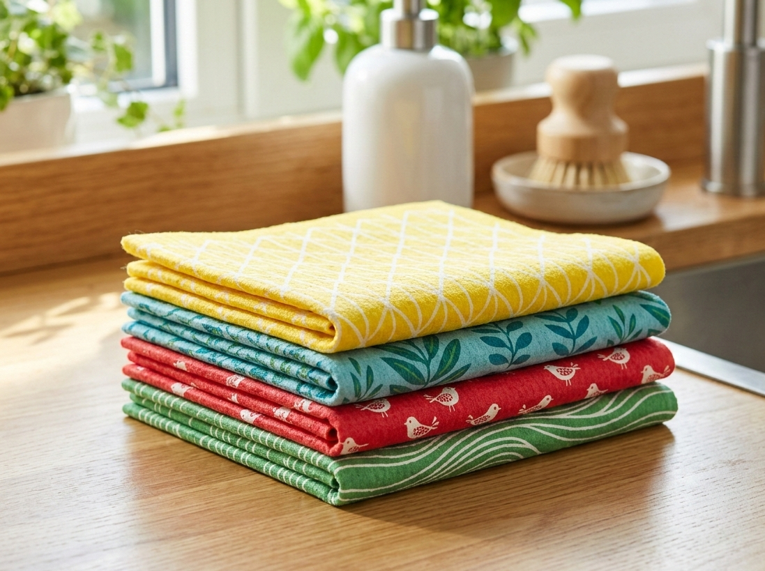 A photo of colorful, patterned Swedish dish cloths neatly folded next to a wooden countertop.