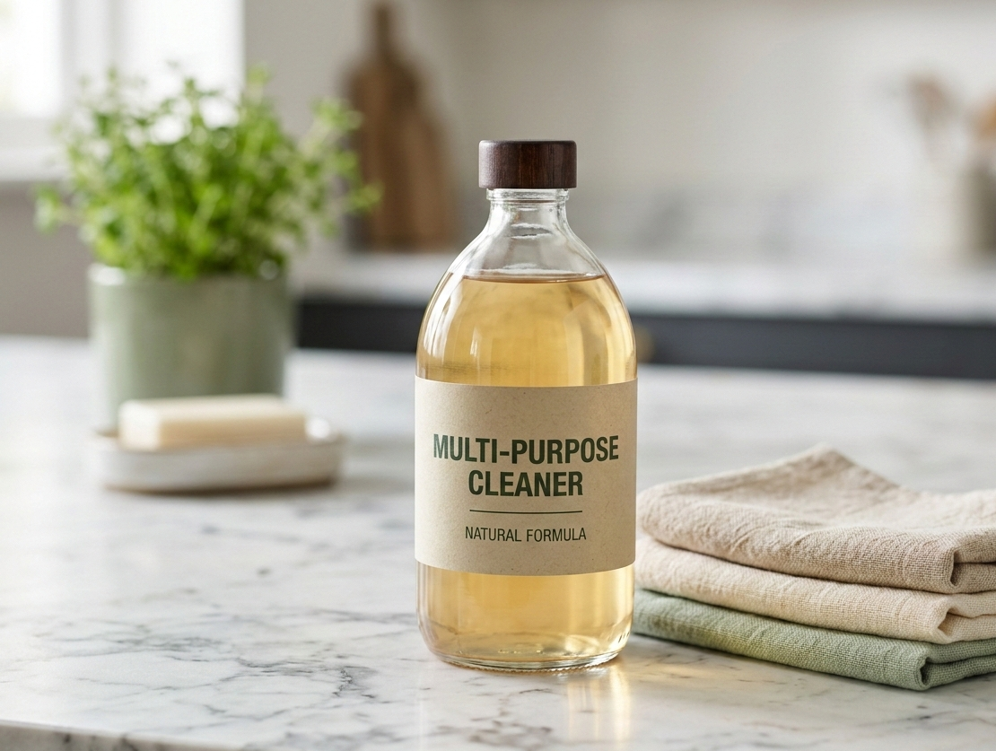 A photograph of a single glass bottle containing a multi-purpose cleaner alongside natural cleaning cloths on a marble countertop.