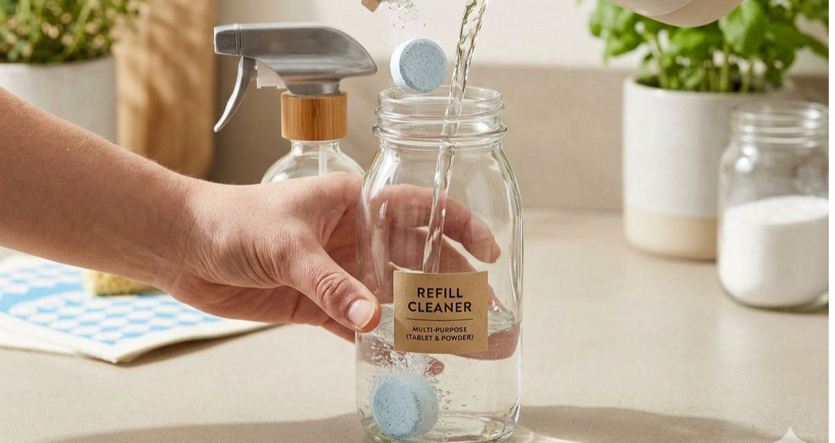 A photograph of a glass spray bottle being refilled with water and a concentrated eco-friendly cleaning tablet or powder.