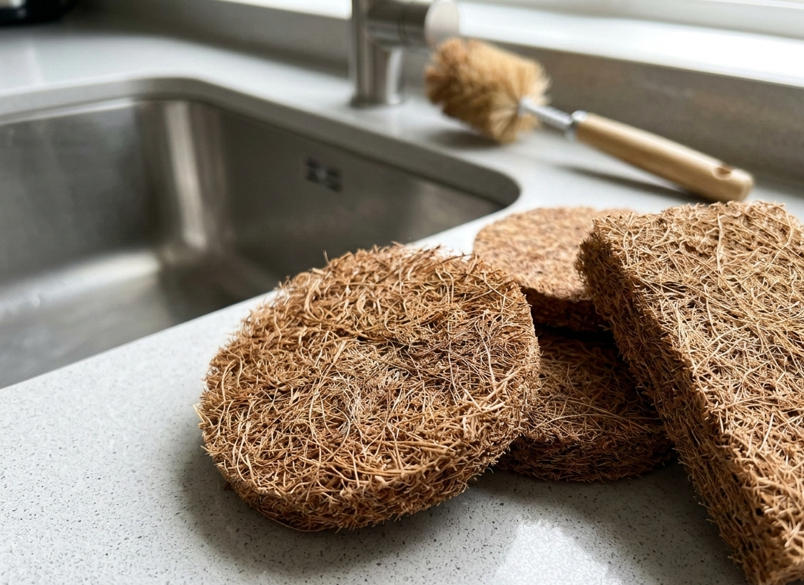 A close-up photograph of natural coconut coir dish scrubbers and scrub pads sitting next to a kitchen sink.
