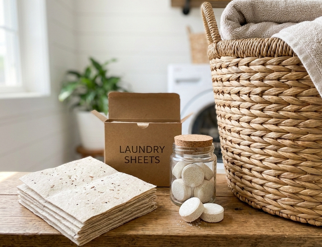 A photograph of eco-friendly laundry detergent sheets and plastic-free laundry detergent tablets next to a woven laundry basket.