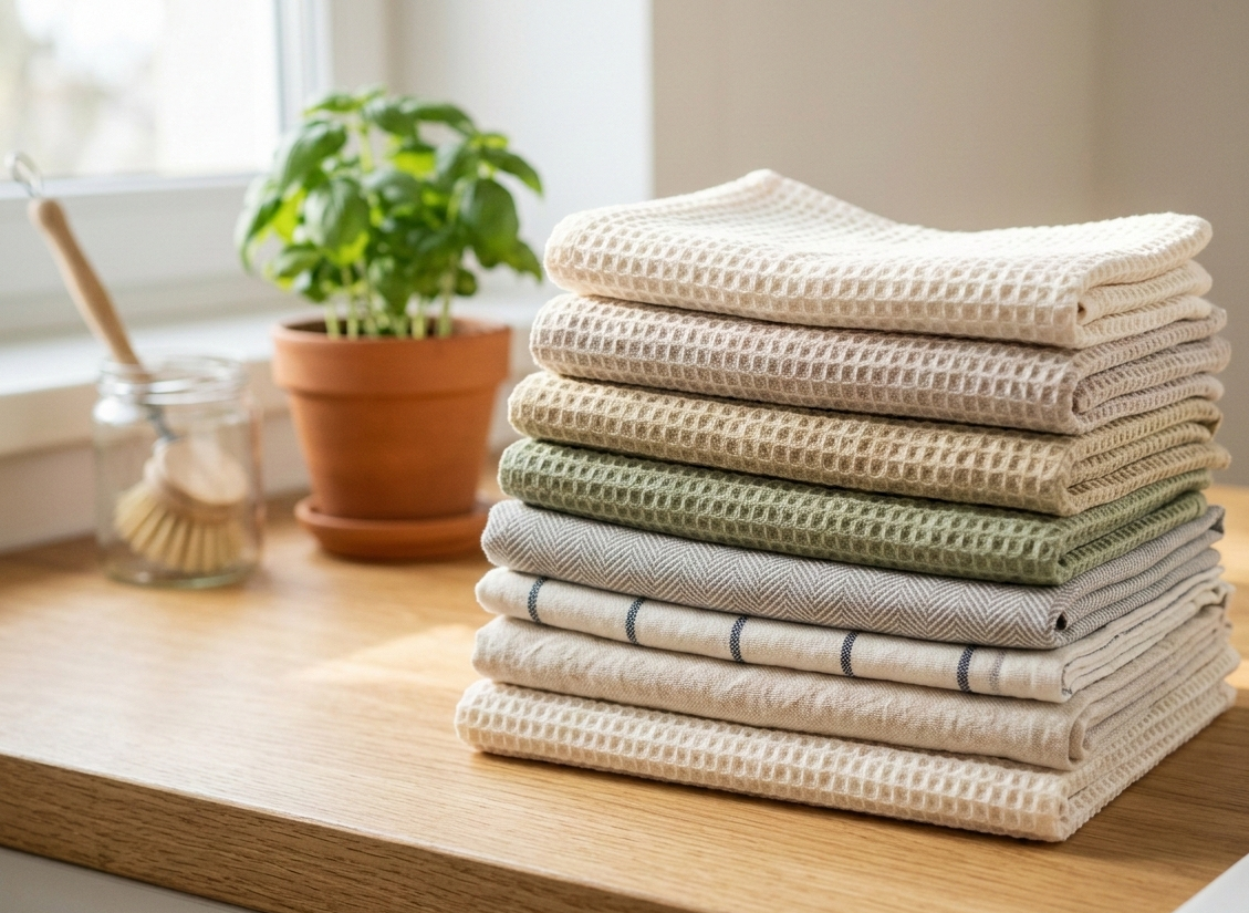 A photo of neatly stacked, washable organic cotton kitchen cloths and towels.