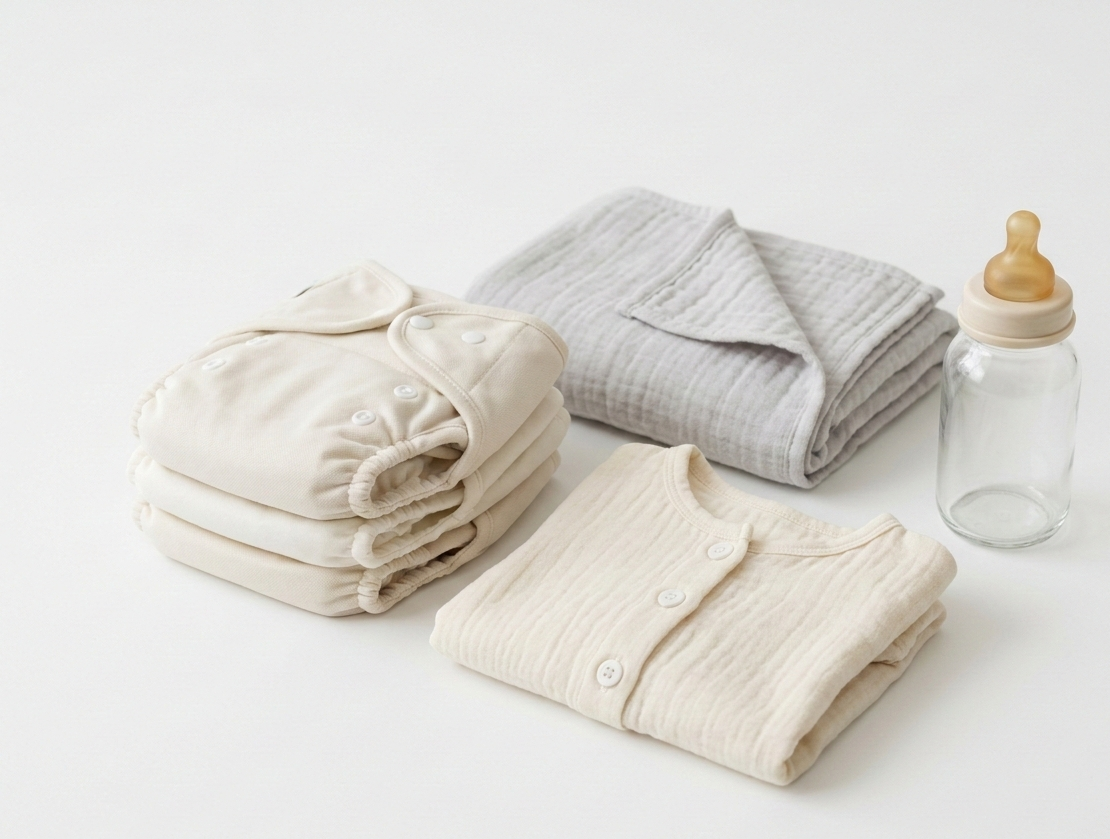 A realistic picture showing a minimalist set of baby essentials, illustrating buying only what is necessary, clean composition without text or logos.