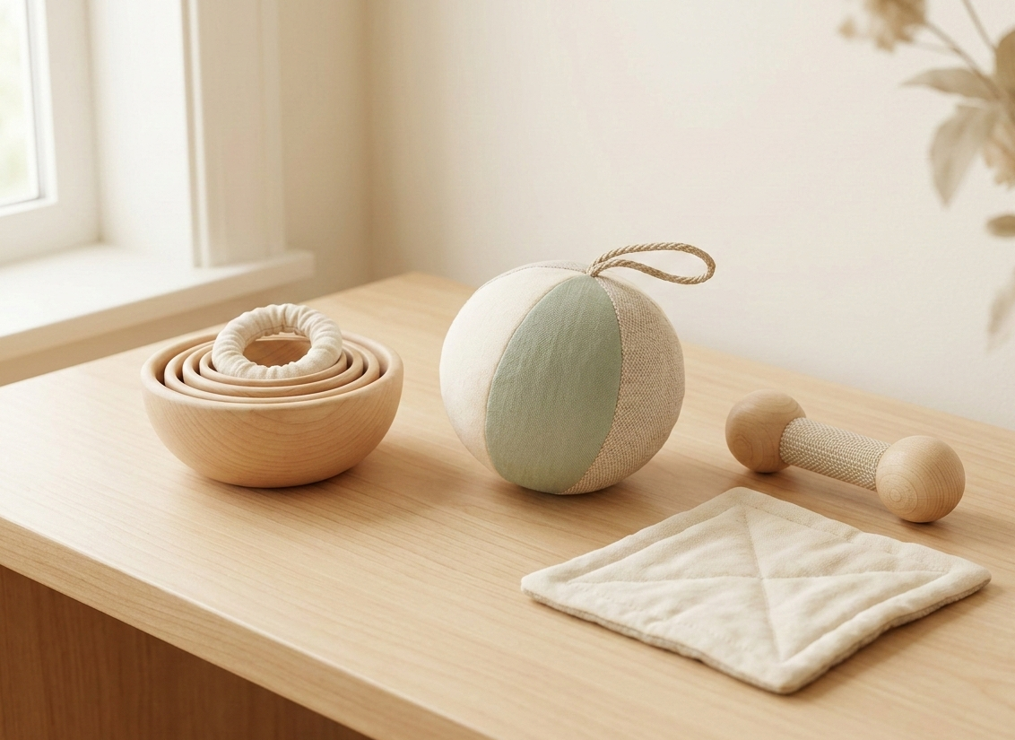 A clear, realistic image of minimalist wooden and fabric sensory baby toys arranged neatly on a smooth wooden surface, free of any text or logos.