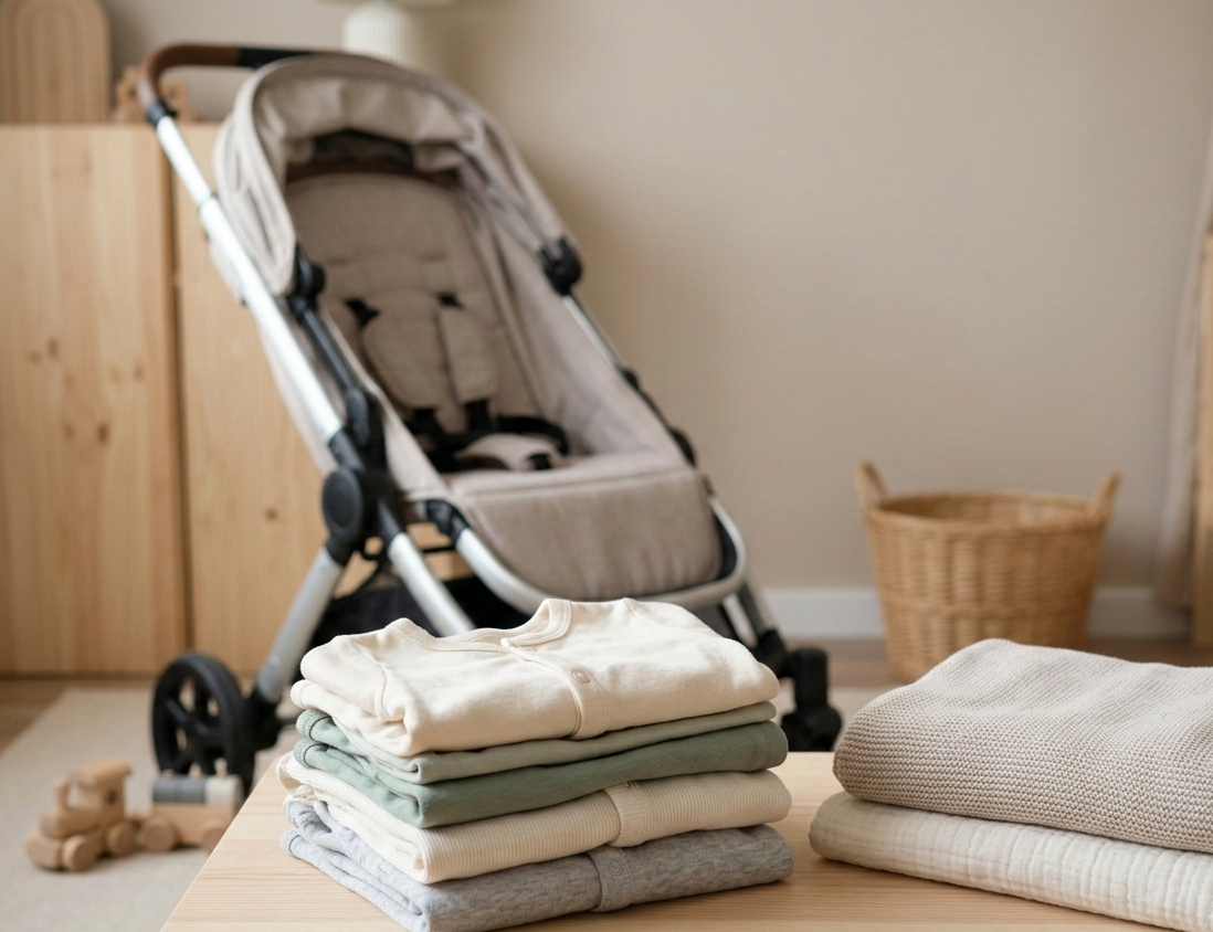 A realistic, clean image showing gently used, high-quality reusable baby items like folded cotton baby clothes, soft blankets, and a stroller, without any text or logos.