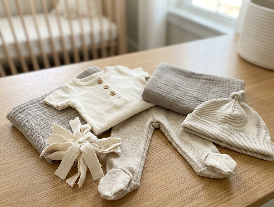 A simple and realistic photograph of a small collection of soft, neutral-colored organic cotton baby clothing neatly arranged, high quality, without text or logos.