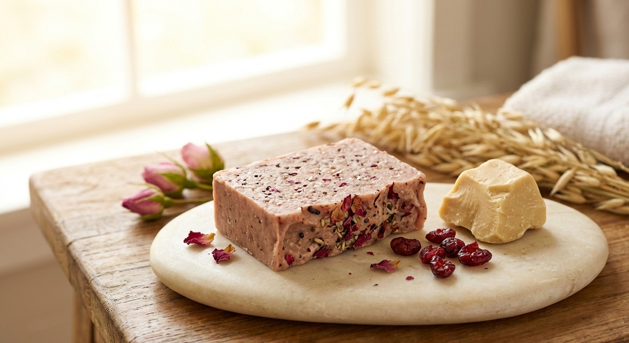 A handcrafted rose and berry-infused vegan shampoo bar with rich natural ingredients like cacao butter nearby. Photorealistic, warm and nourishing aesthetic, text-free, logo-free, 16:9 aspect ratio.