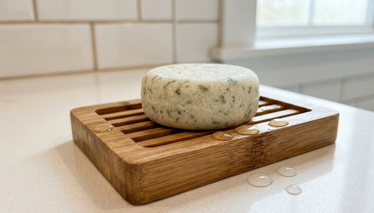 A natural solid shampoo bar designed for scalp health resting on a wooden drainage soap dish next to gentle water drops. Photorealistic, clean bathroom aesthetic, text-free, logo-free, 16:9 aspect ratio.
