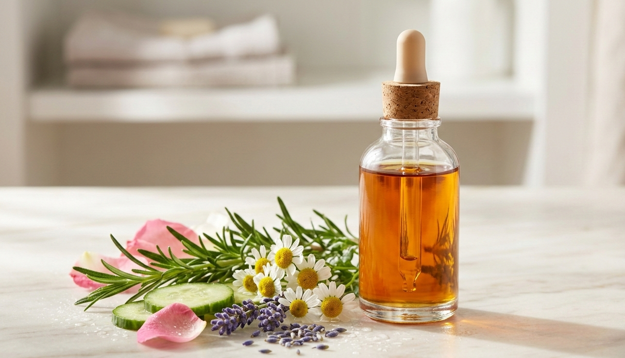An elegant glass bottle of concentrated organic facial serum oils without water fillers, standing next to fresh botanical extracts. Photorealistic, clean skincare aesthetic, text-free, logo-free, 16:9 aspect ratio.